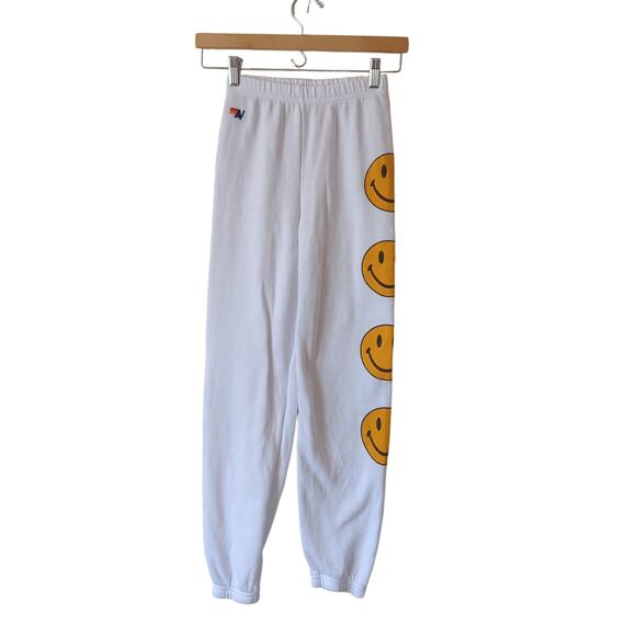 Aviator Nation Kids Sweatpants 12 Smiley Face White Yellow Cozy Loungewear - Picture 1 of 5